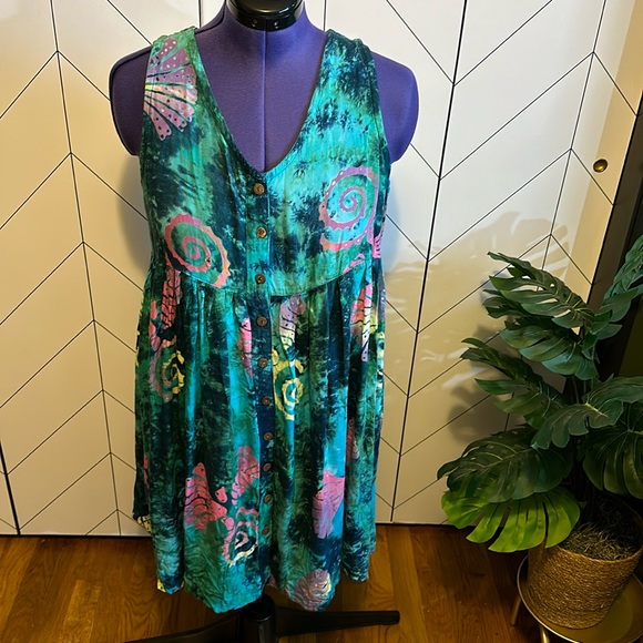 Vintage Inspired 90s Print Tie-Dye Green Pink Seashell Mini Dress Size Large - Picture 1 of 9